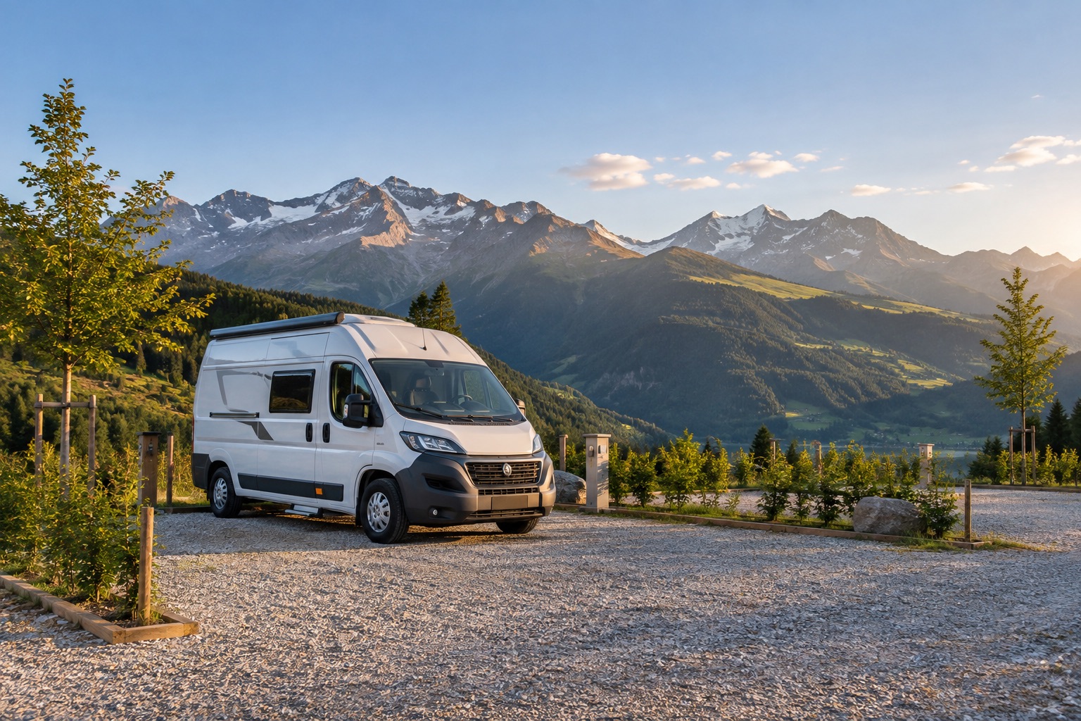 Wohnmobil an einem illustrativen Stellplatz in einer Schweizer Berglandschaft